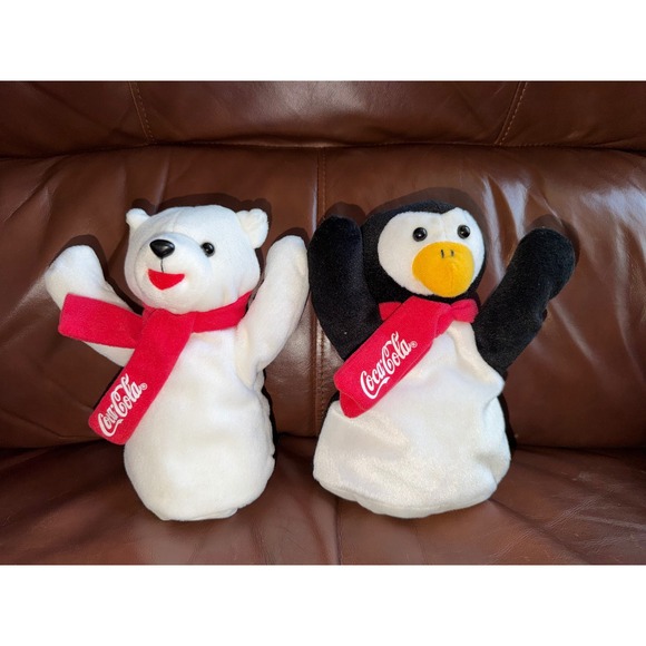 Vintage Coca-Cola Polar Bear and Penguin Plush Hand Puppet Set Red Scarf‎ Logo